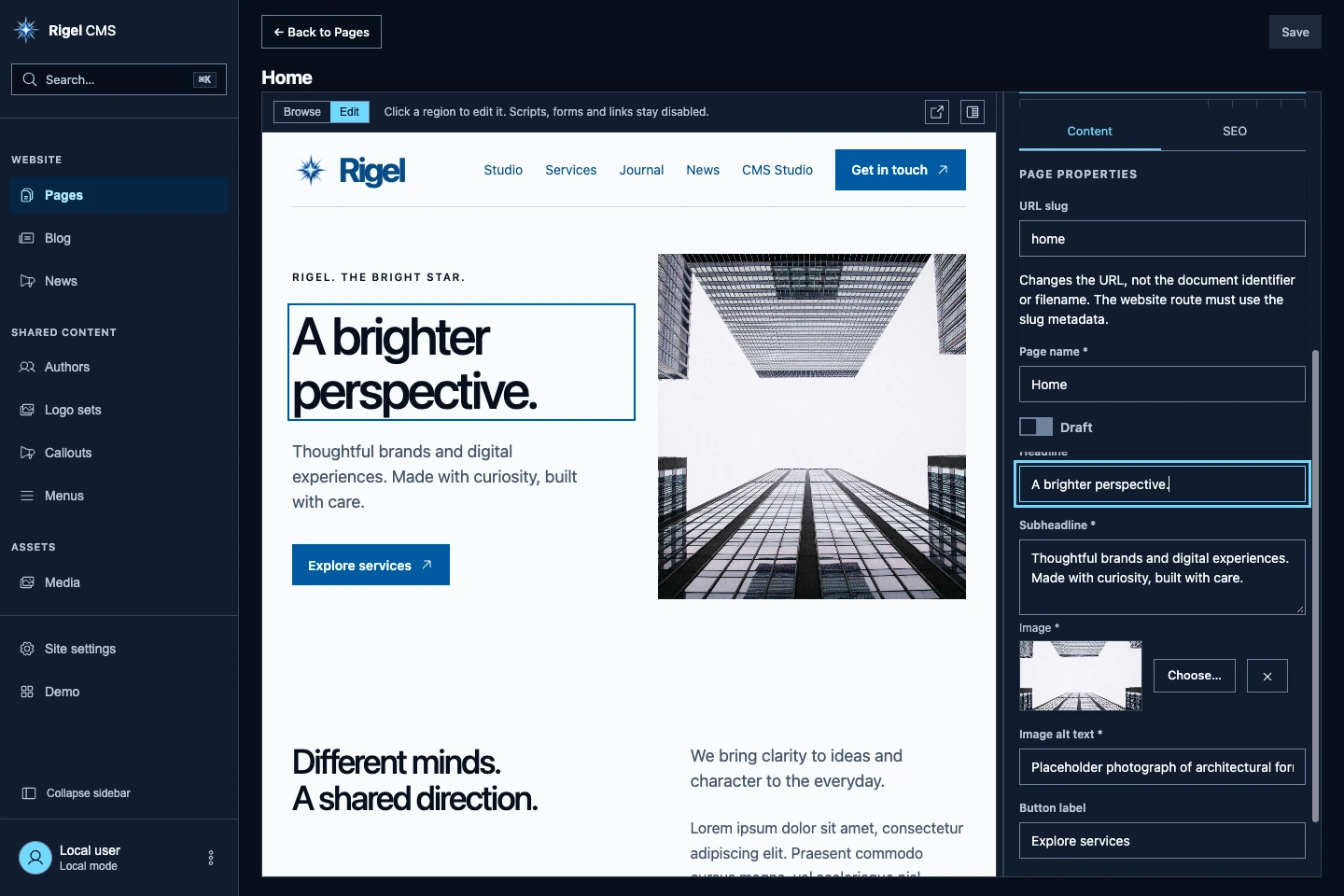 Rigel CMS editing the starter's home page, with the website canvas beside structured content fields.